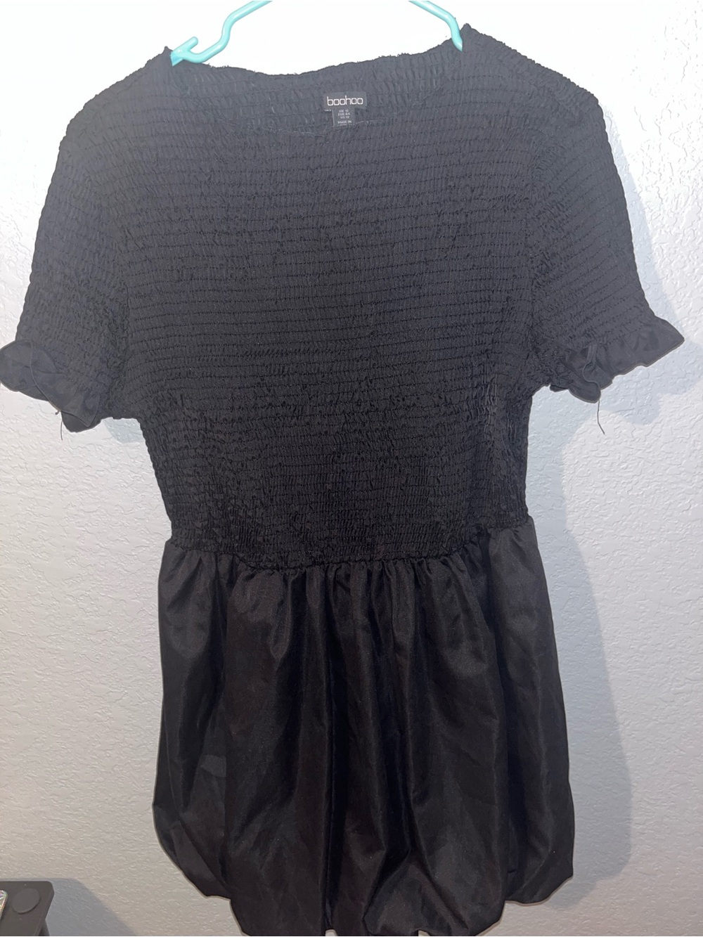 Boohoo Black Smocked Bodice Mini Dress with Ruffle Sleeves and Gathered Skirt